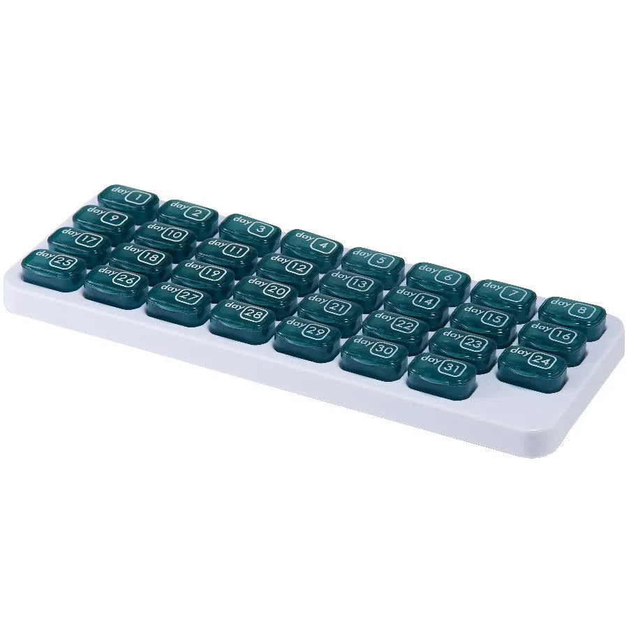 ✨31-Day Monthly Pill Box: Easy-Open Lids, Removable Pods, Date Reminder, Travel Case